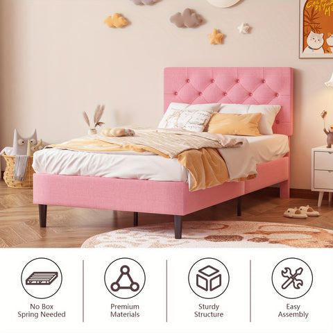 Elegant Grey Linen Upholstered Bed Frame with Tufted Headboard