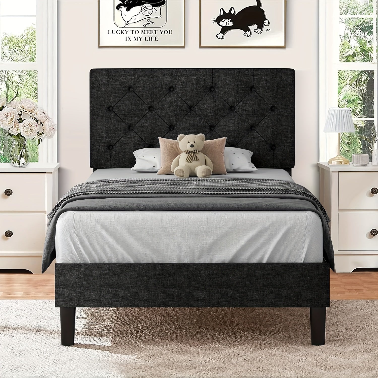 Elegant Grey Linen Upholstered Bed Frame with Tufted Headboard