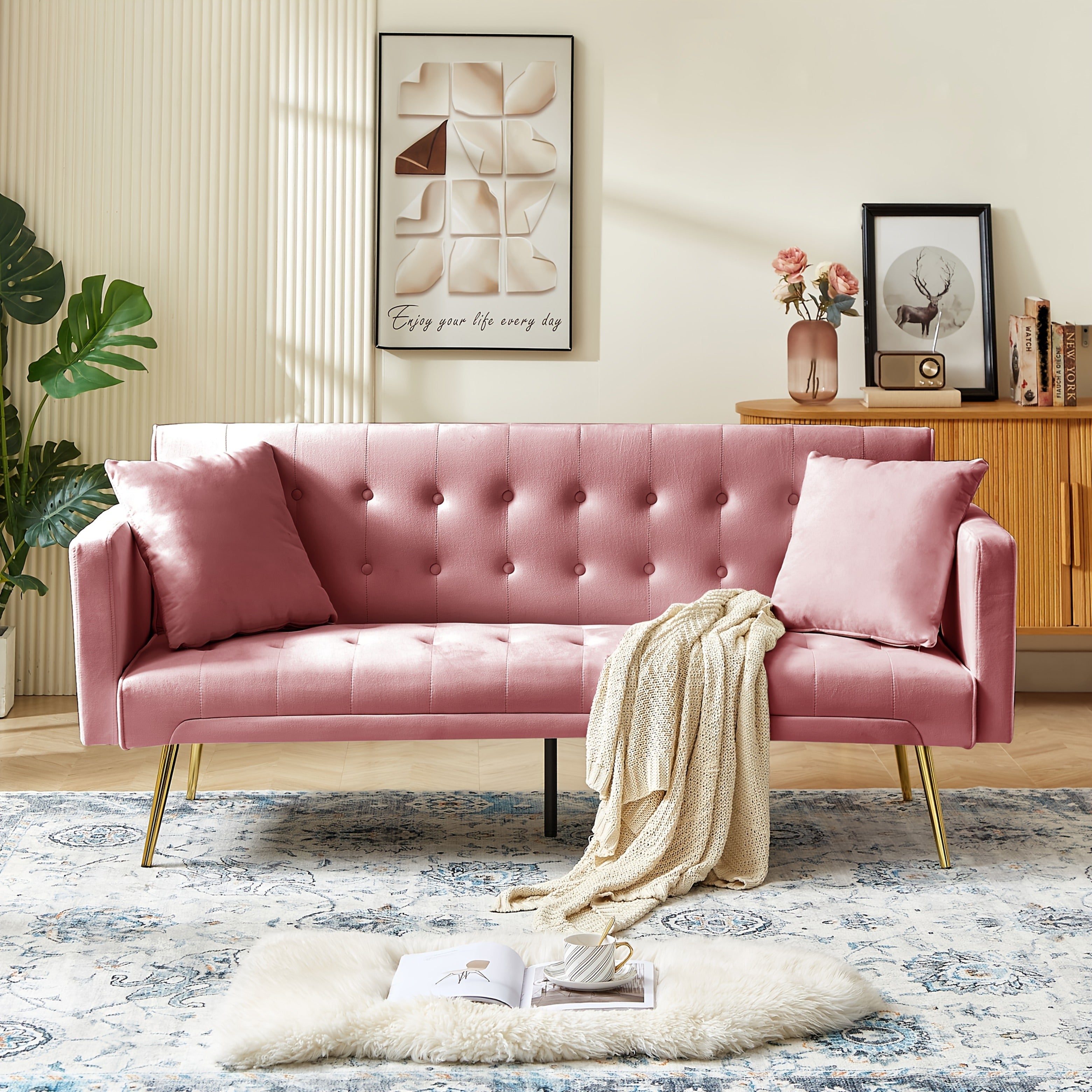 Velvet Convertible Sofa Bed with Metal Frame