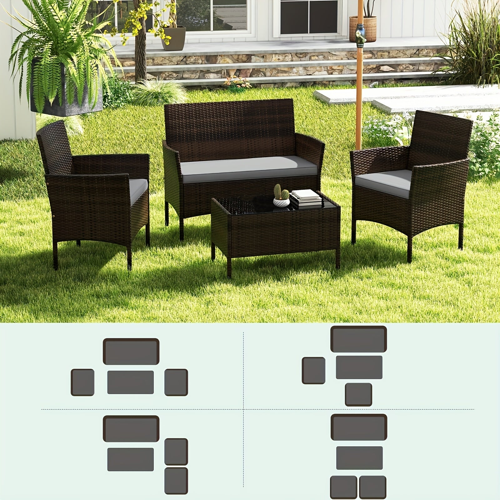 4pcs Patio Furniture Set w/Washable Cushions and Tempered Glass Coffee Table