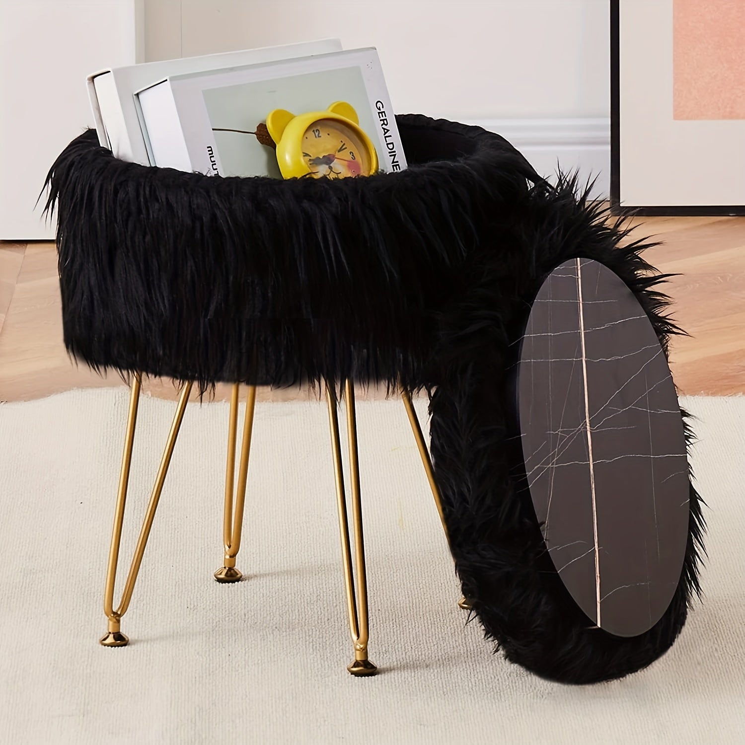 Artificial Fur Storage Bench Round Fur Stool