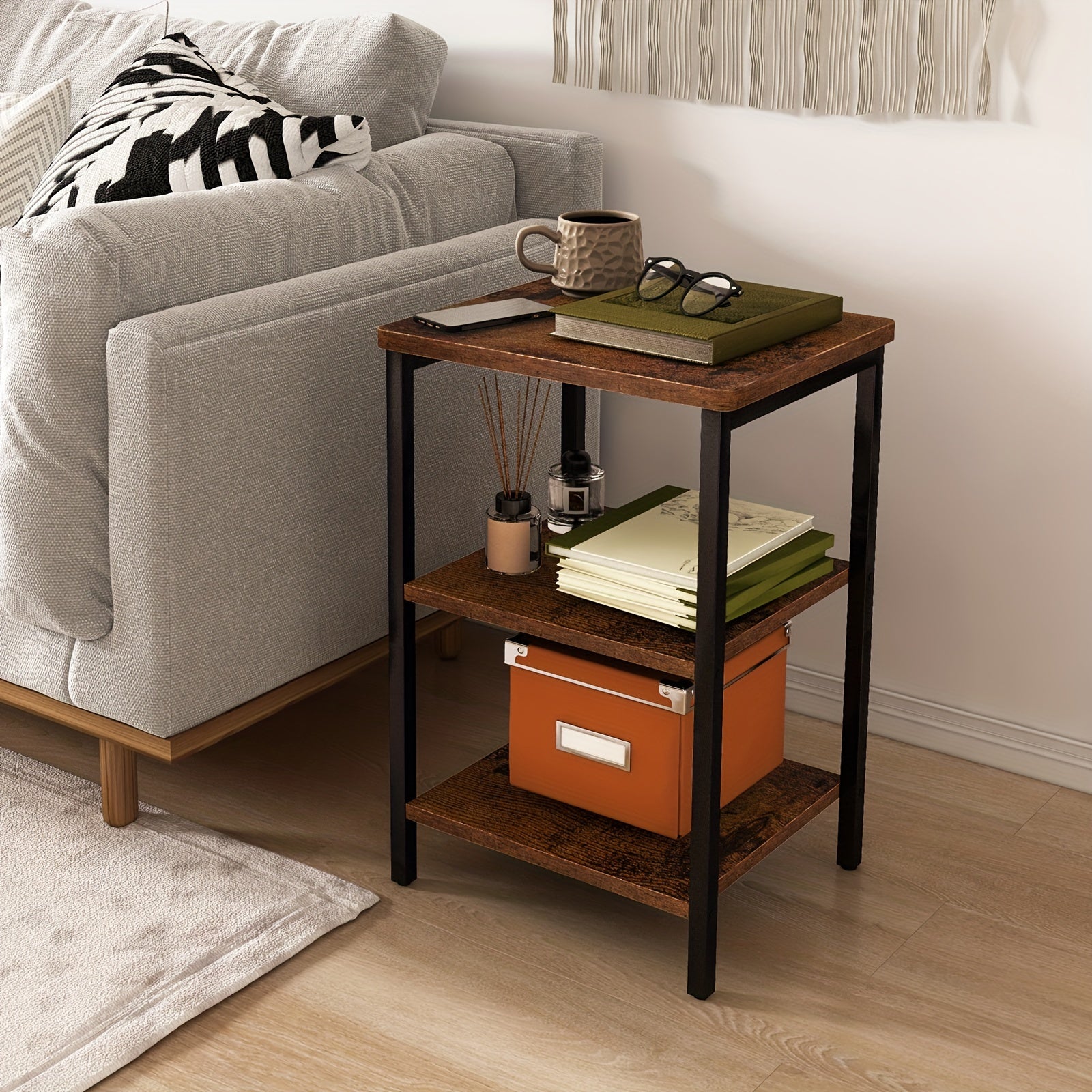 1pc 3-Tier Rustic Brown and Black Side Table