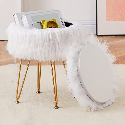 Artificial Fur Storage Bench Round Fur Stool