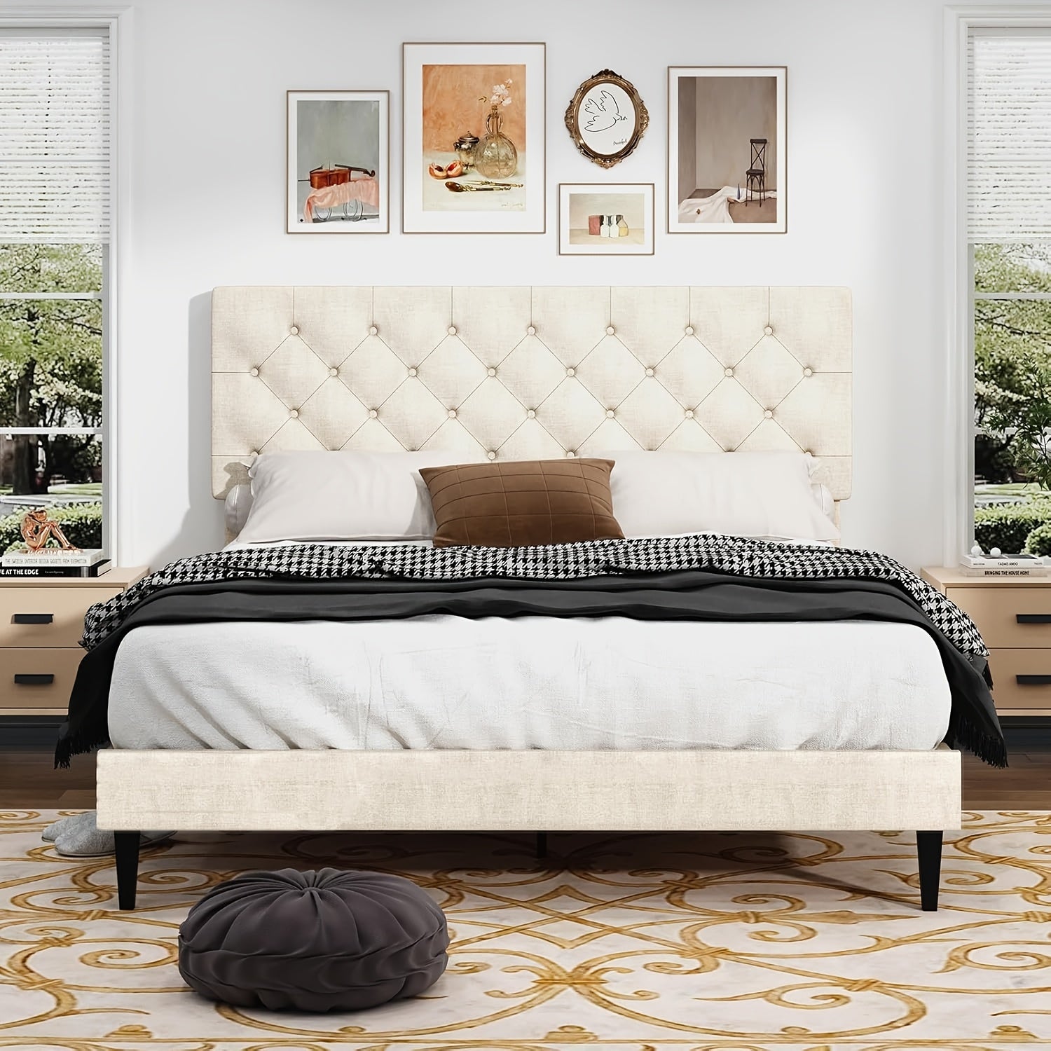Elegant Grey Linen Upholstered Bed Frame with Tufted Headboard