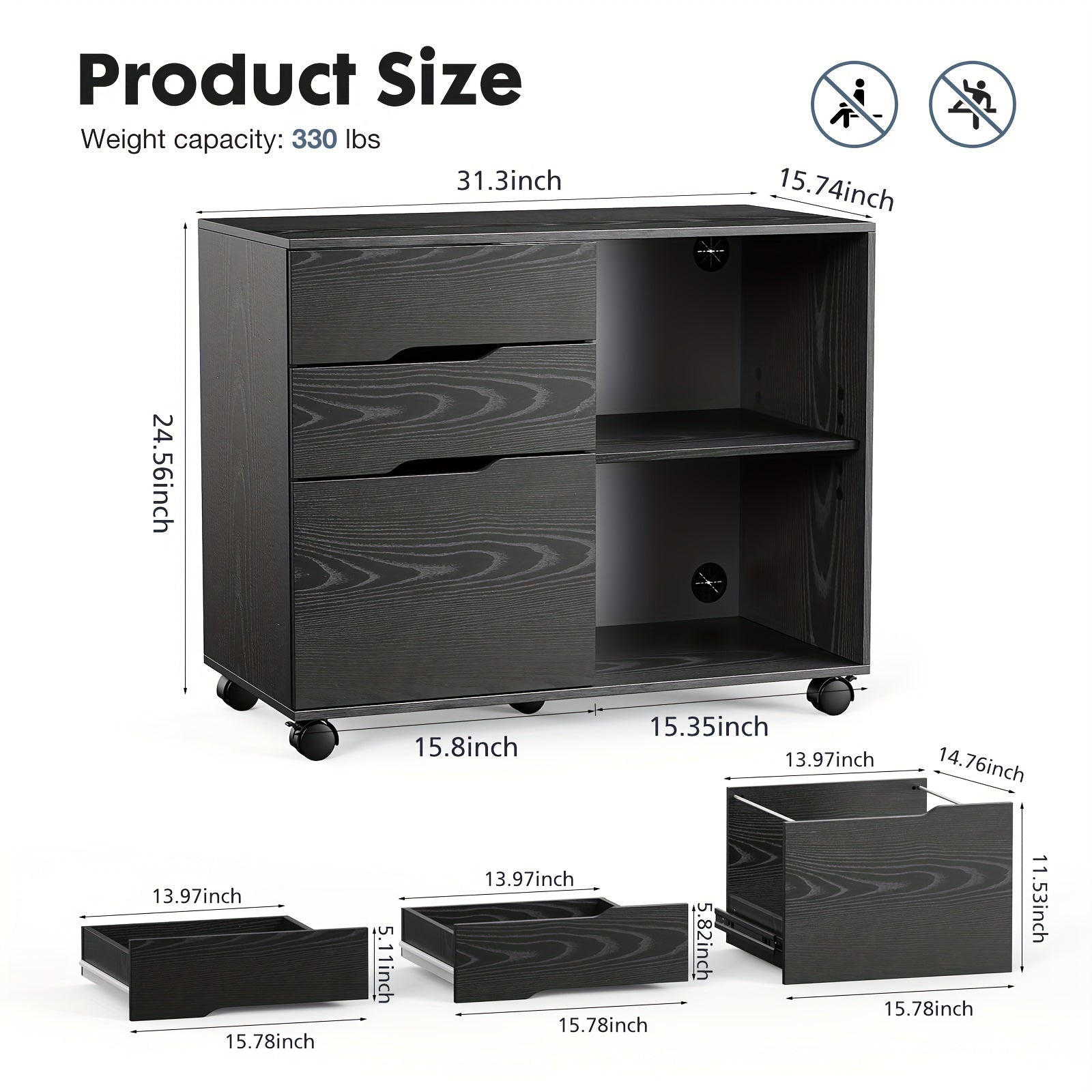 [Small Space Lateral Storage Shelves] 3 Drawer File Cabinet Mobile Lateral Printer Stand with Adjustable Storage Shelves for Home Office Small Space