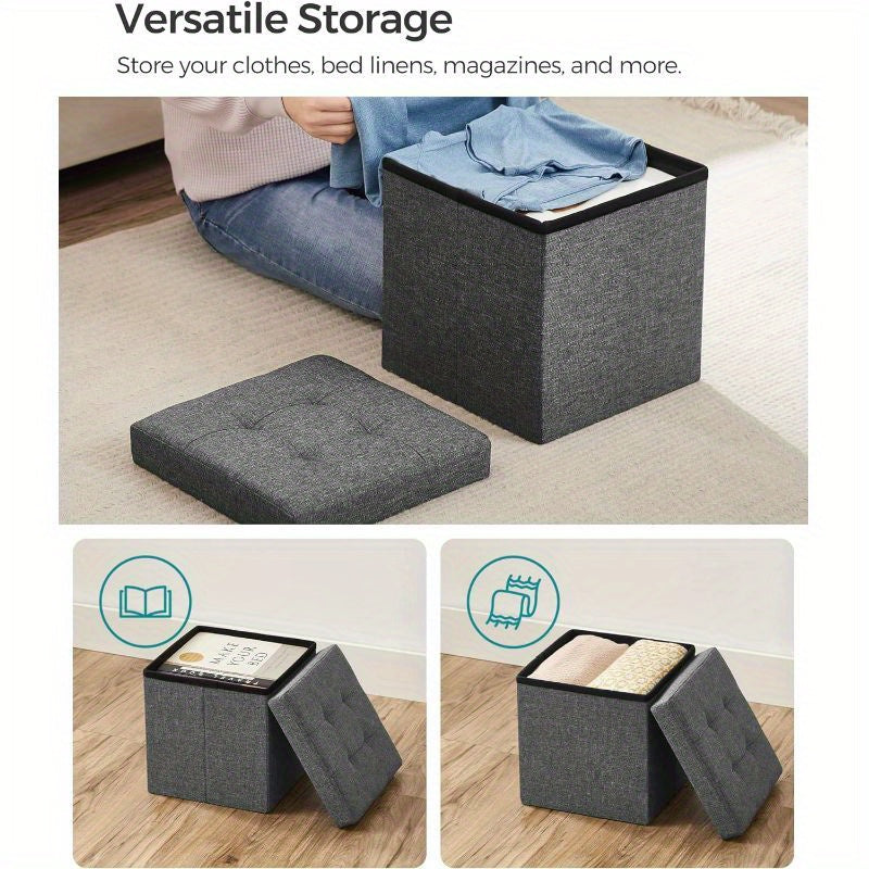 11.8" Compact Folding Storage Ottoman Cube with Soft Tufted Gray Fabric