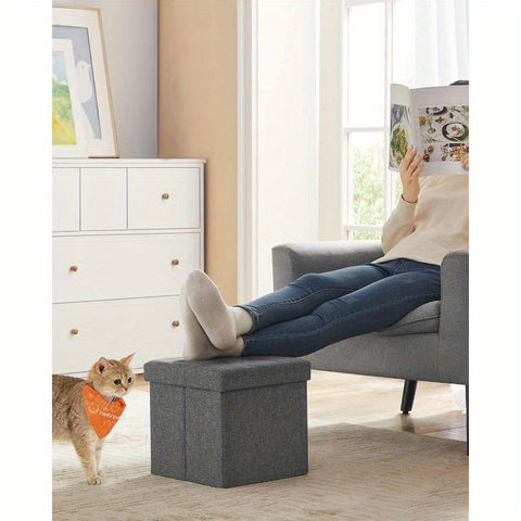 11.8" Compact Folding Storage Ottoman Cube with Soft Tufted Gray Fabric