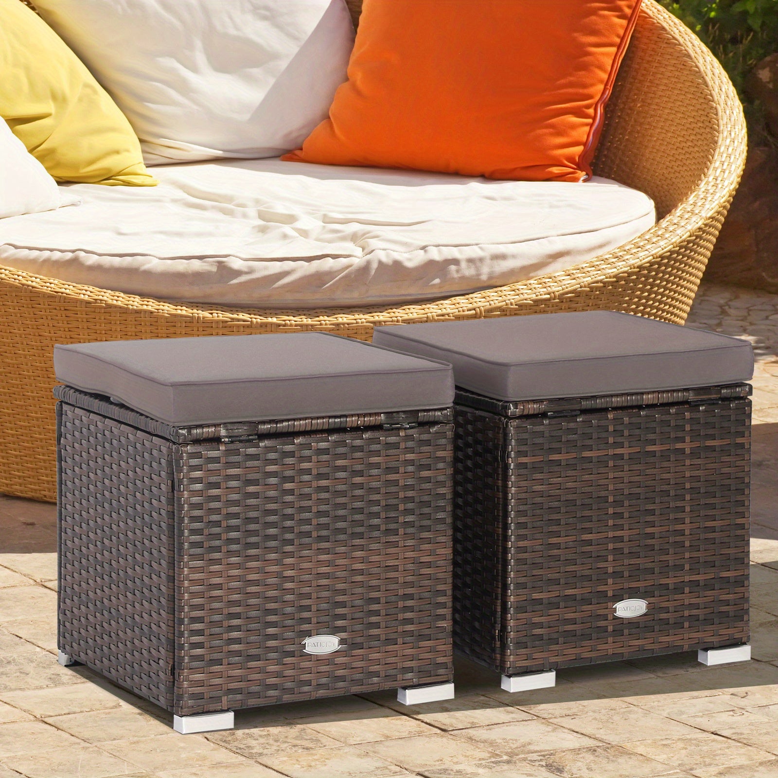 2PCS Patio Rattan Ottomans Seat Side Table Storage Box