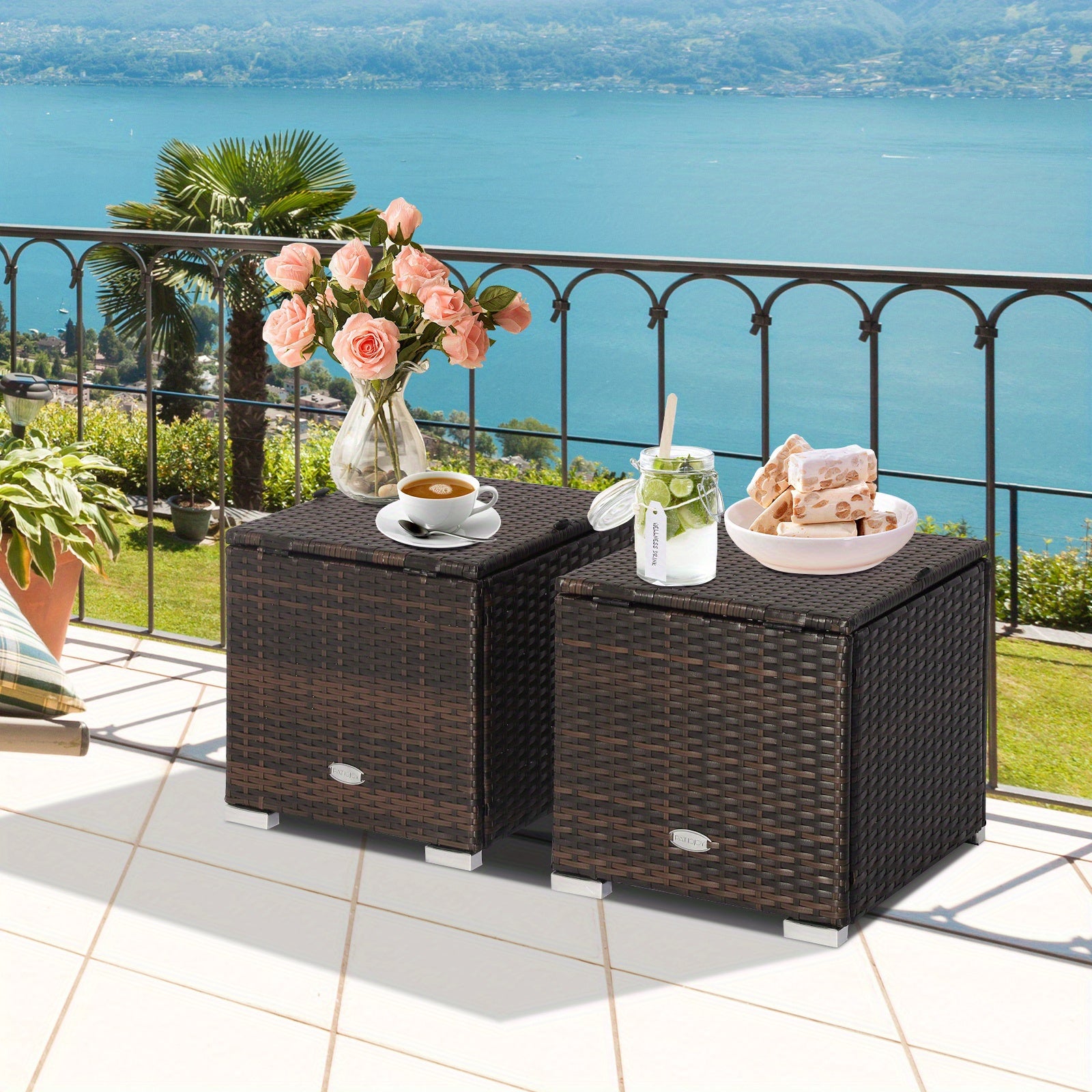 2PCS Patio Rattan Ottomans Seat Side Table Storage Box