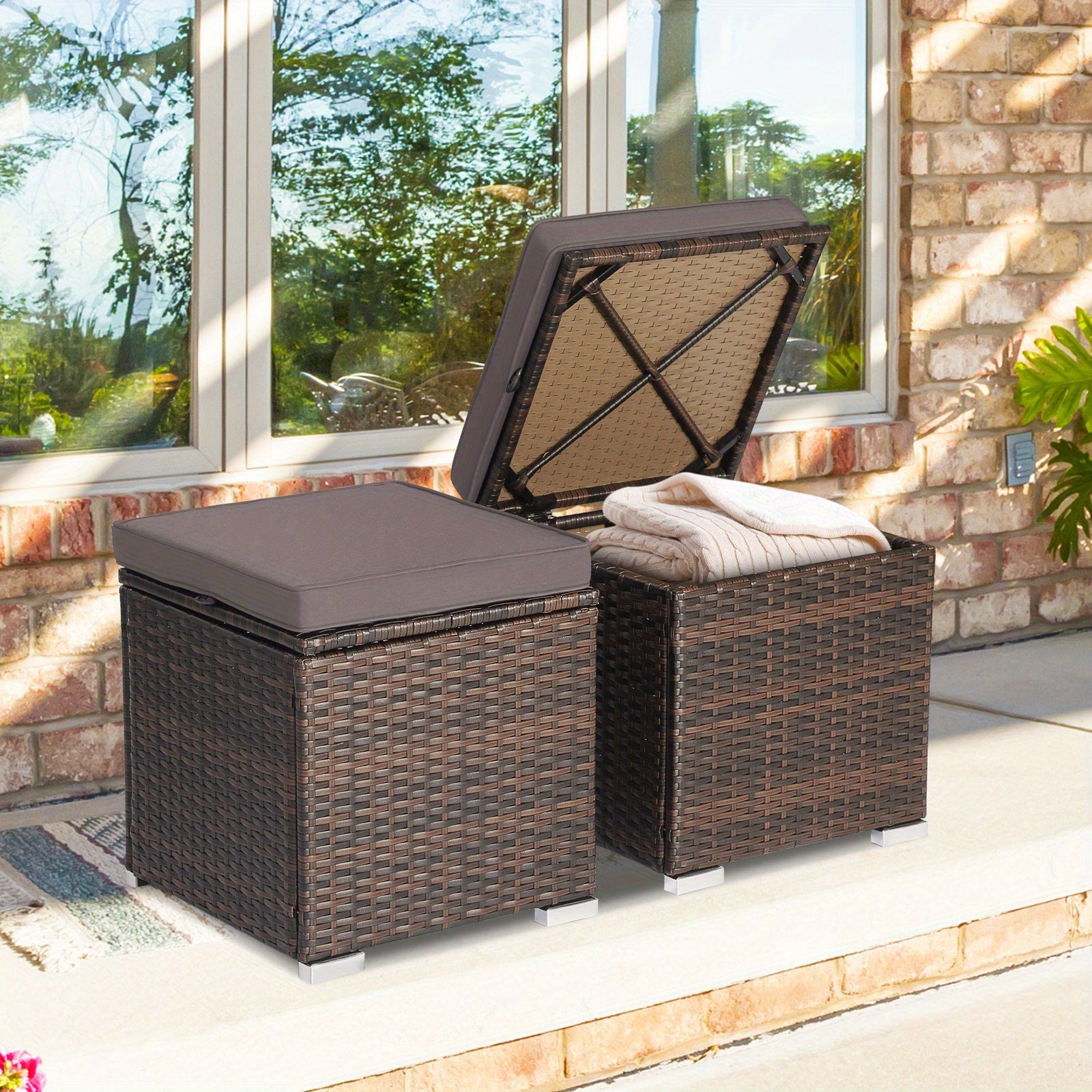 2PCS Patio Rattan Ottomans Seat Side Table Storage Box