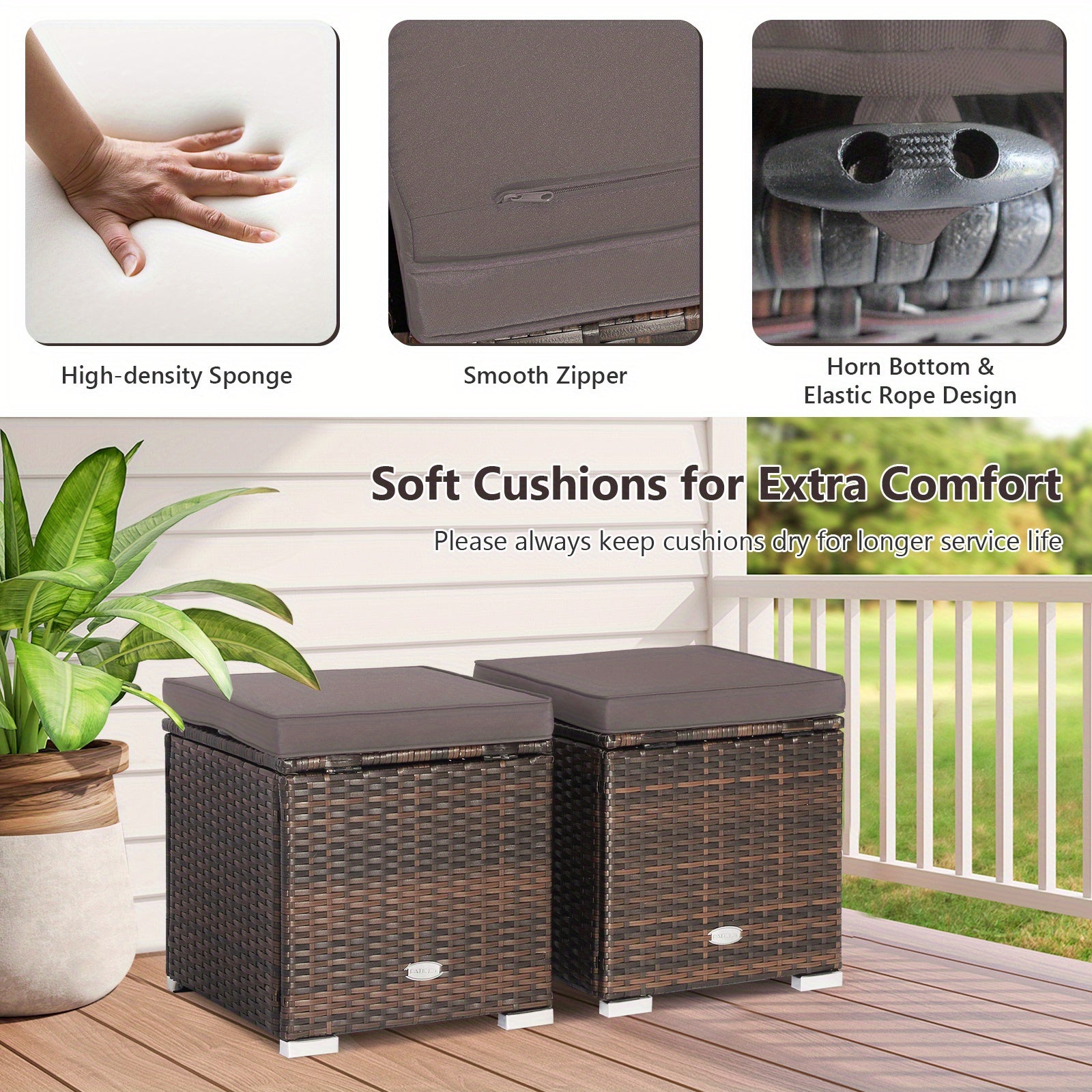 2PCS Patio Rattan Ottomans Seat Side Table Storage Box