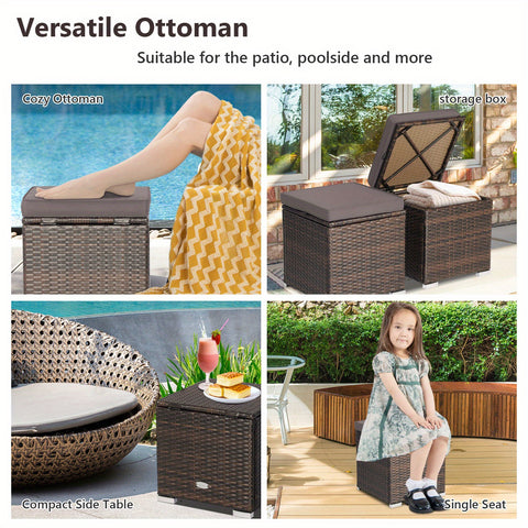 2PCS Patio Rattan Ottomans Seat Side Table Storage Box