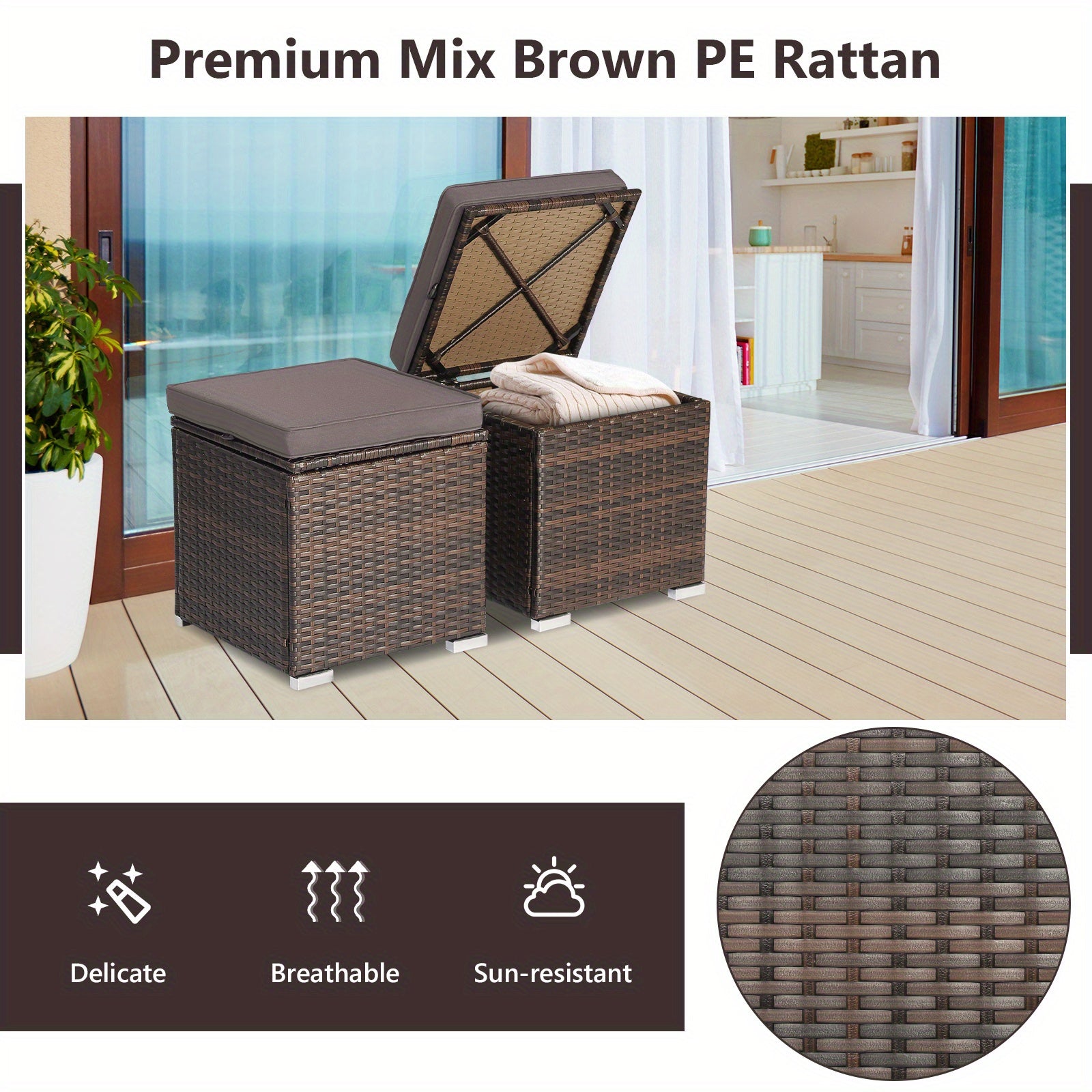 2PCS Patio Rattan Ottomans Seat Side Table Storage Box