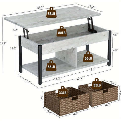 Coffee Table with Lift Top, Hidden Storage Compartment and 2 Rattan Baskets, 41.7" Retro Central Table with Wooden Tabletop and Metal Frame for Living Room, Black