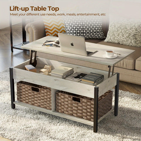 Coffee Table with Lift Top, Hidden Storage Compartment and 2 Rattan Baskets, 41.7" Retro Central Table with Wooden Tabletop and Metal Frame for Living Room, Black