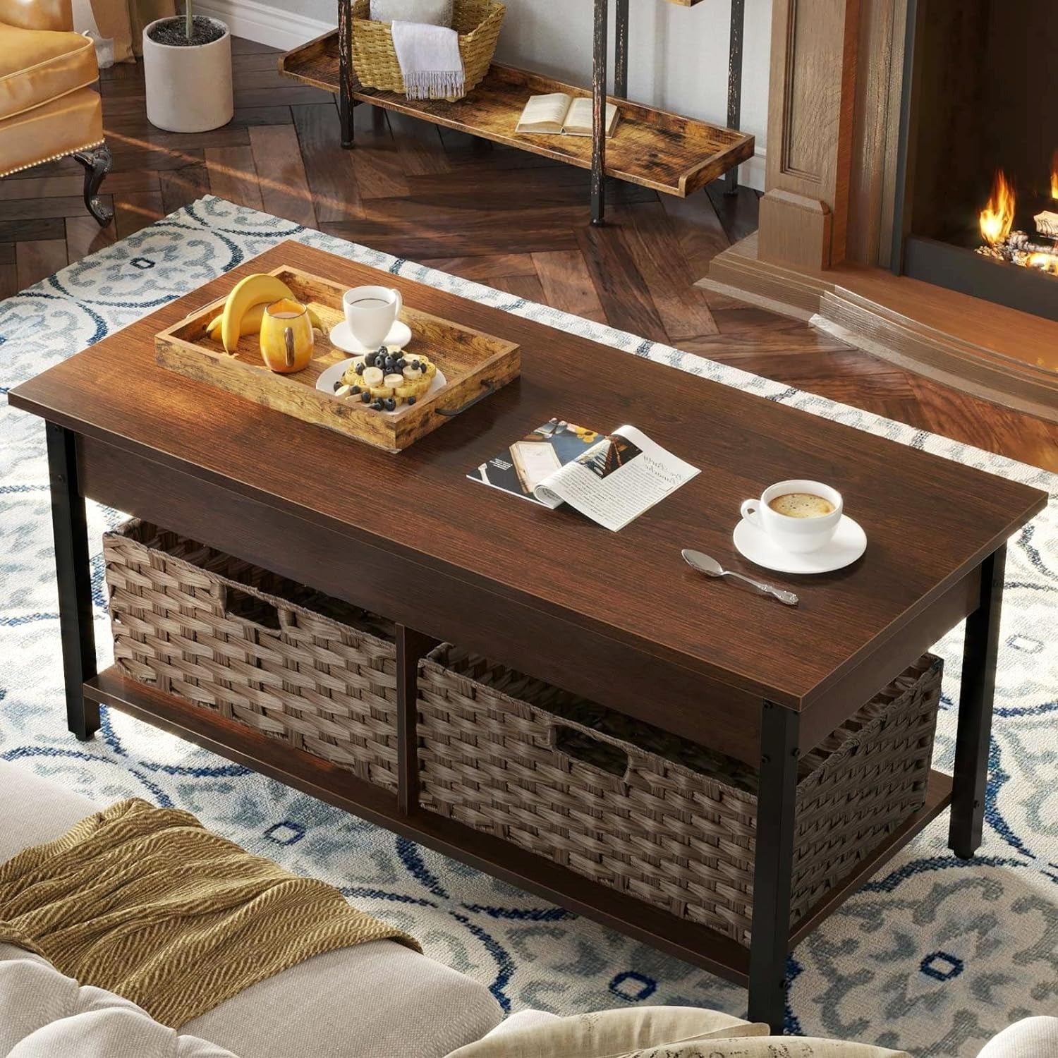 Coffee Table with Lift Top, Hidden Storage Compartment and 2 Rattan Baskets, 41.7" Retro Central Table with Wooden Tabletop and Metal Frame for Living Room, Black