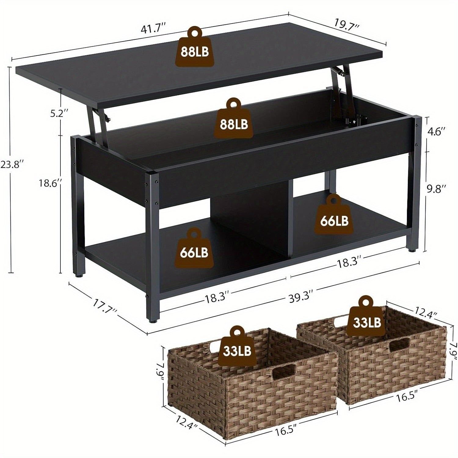 Coffee Table with Lift Top, Hidden Storage Compartment and 2 Rattan Baskets, 41.7" Retro Central Table with Wooden Tabletop and Metal Frame for Living Room, Black