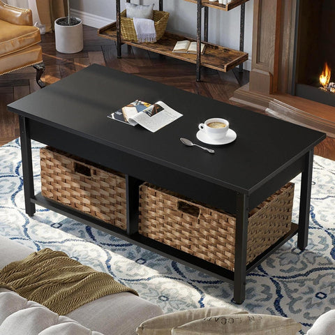 Coffee Table with Lift Top, Hidden Storage Compartment and 2 Rattan Baskets, 41.7" Retro Central Table with Wooden Tabletop and Metal Frame for Living Room, Black