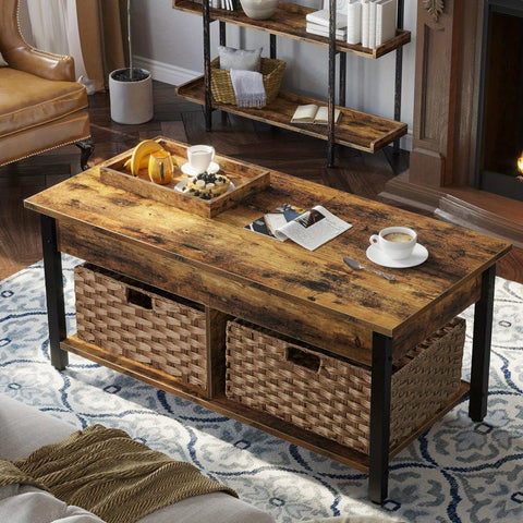 Coffee Table with Lift Top, Hidden Storage Compartment and 2 Rattan Baskets, 41.7" Retro Central Table with Wooden Tabletop and Metal Frame for Living Room, Black