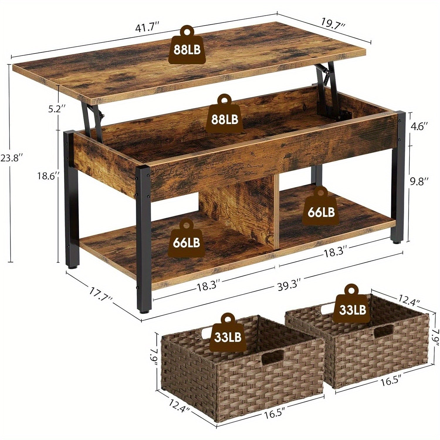 Coffee Table with Lift Top, Hidden Storage Compartment and 2 Rattan Baskets, 41.7" Retro Central Table with Wooden Tabletop and Metal Frame for Living Room, Black