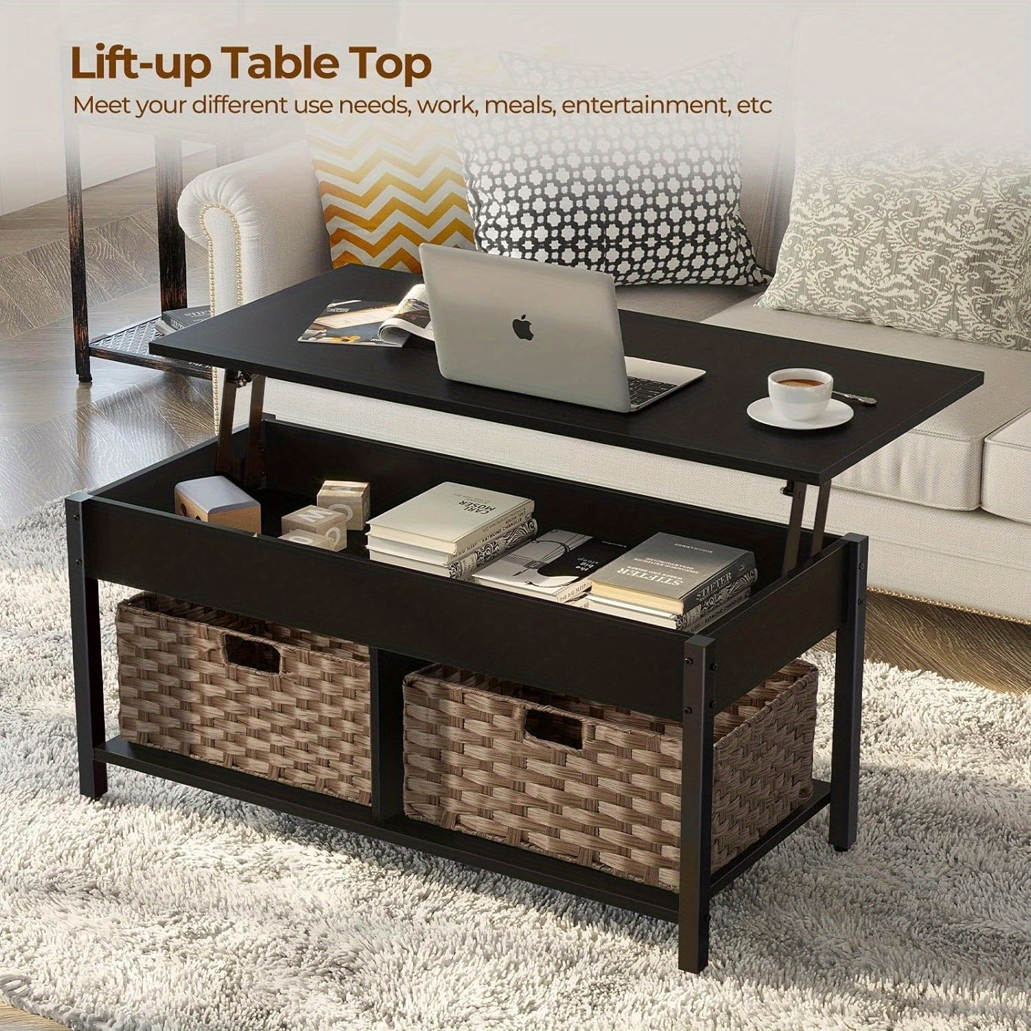 Coffee Table with Lift Top, Hidden Storage Compartment and 2 Rattan Baskets, 41.7" Retro Central Table with Wooden Tabletop and Metal Frame for Living Room, Black