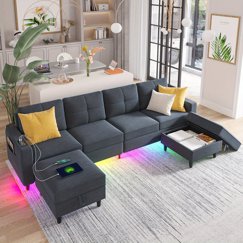 Sectional Sofa with Charging Station, Sectional Couches with LED Lights