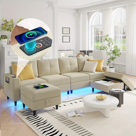 Sectional Sofa with Charging Station, Sectional Couches with LED Lights