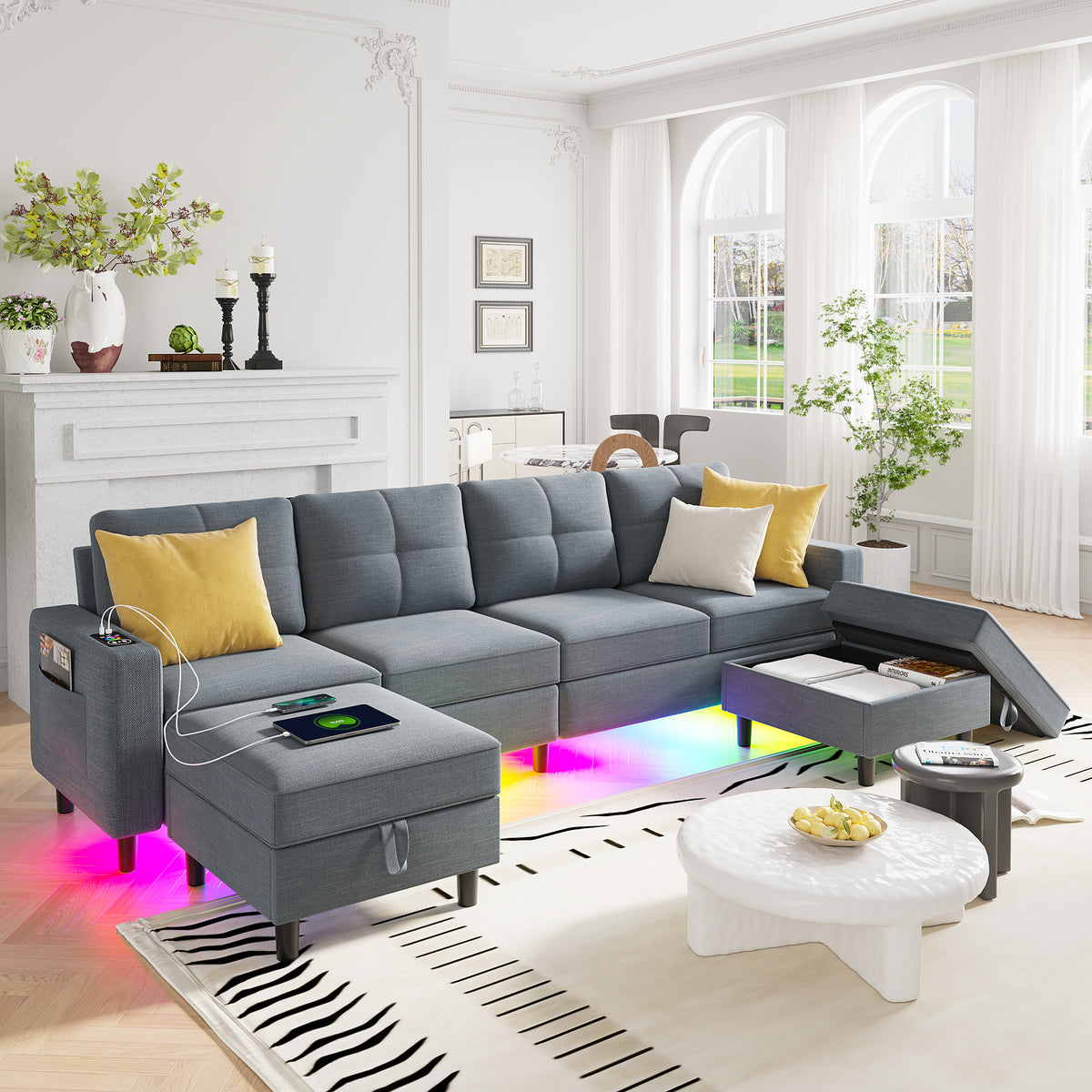 Sectional Sofa with Charging Station, Sectional Couches with LED Lights