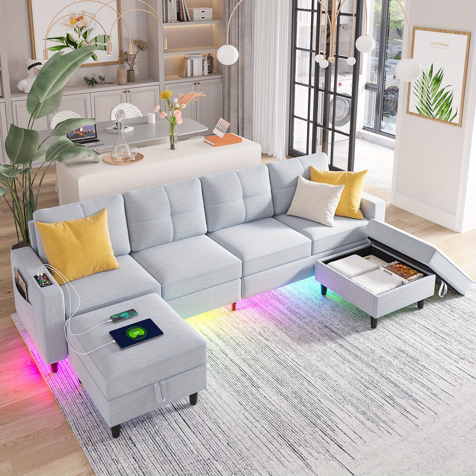 Sectional Sofa with Charging Station, Sectional Couches with LED Lights