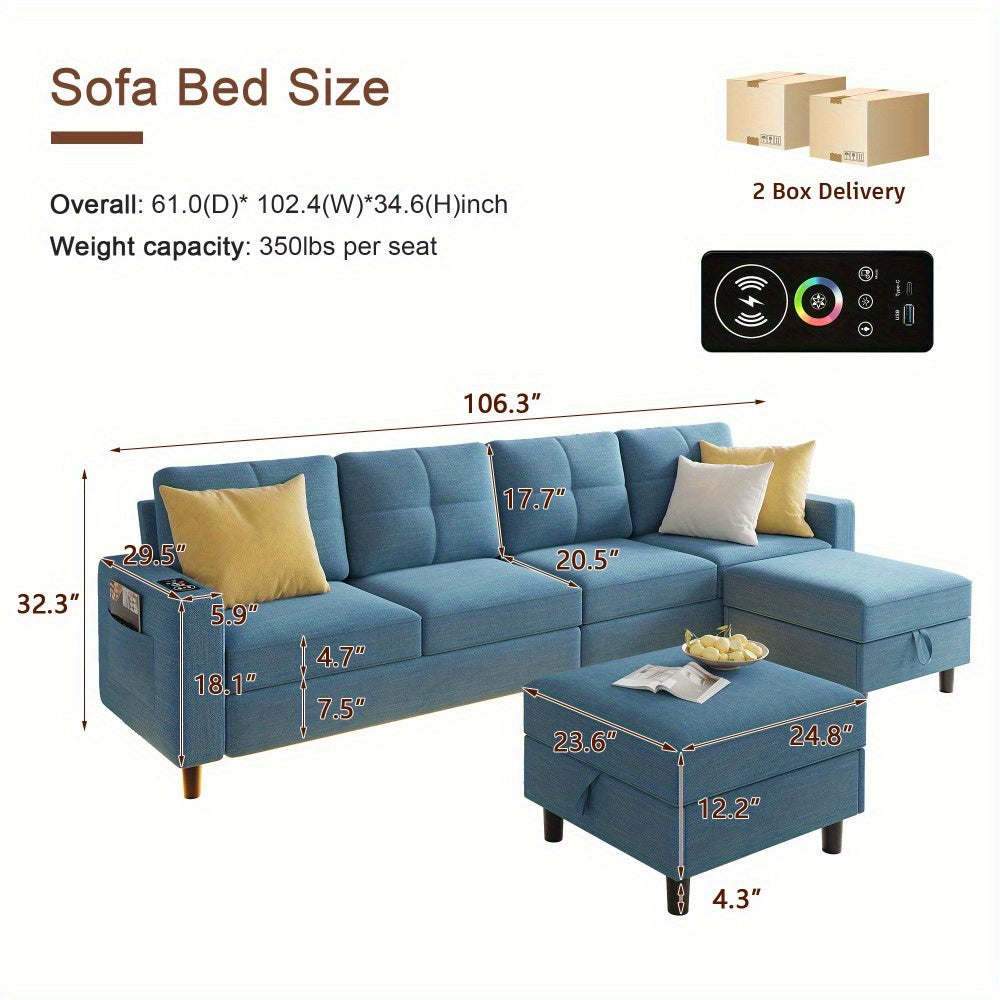 Sectional Sofa with Charging Station, Sectional Couches with LED Lights