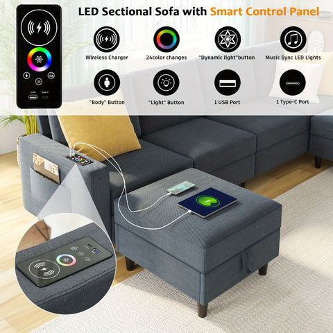 Sectional Sofa with Charging Station, Sectional Couches with LED Lights