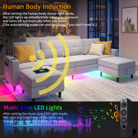 Sectional Sofa with Charging Station, Sectional Couches with LED Lights