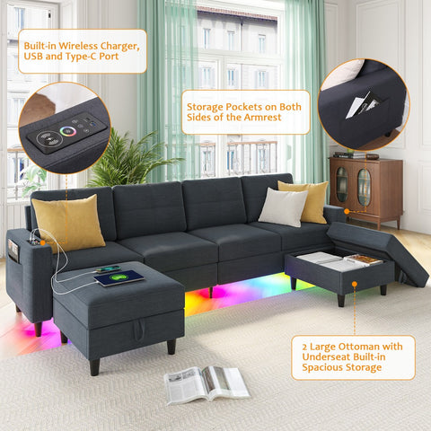 Sectional Sofa with Charging Station, Sectional Couches with LED Lights