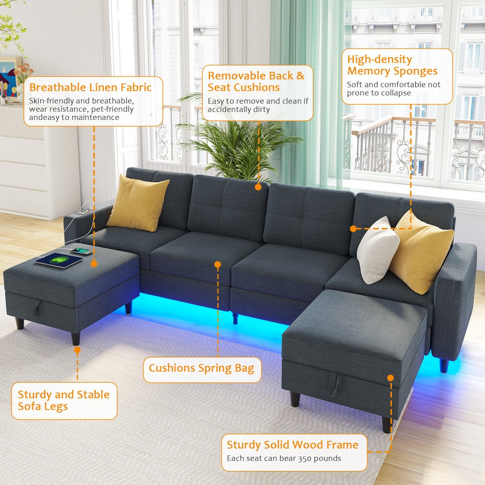 Sectional Sofa with Charging Station, Sectional Couches with LED Lights