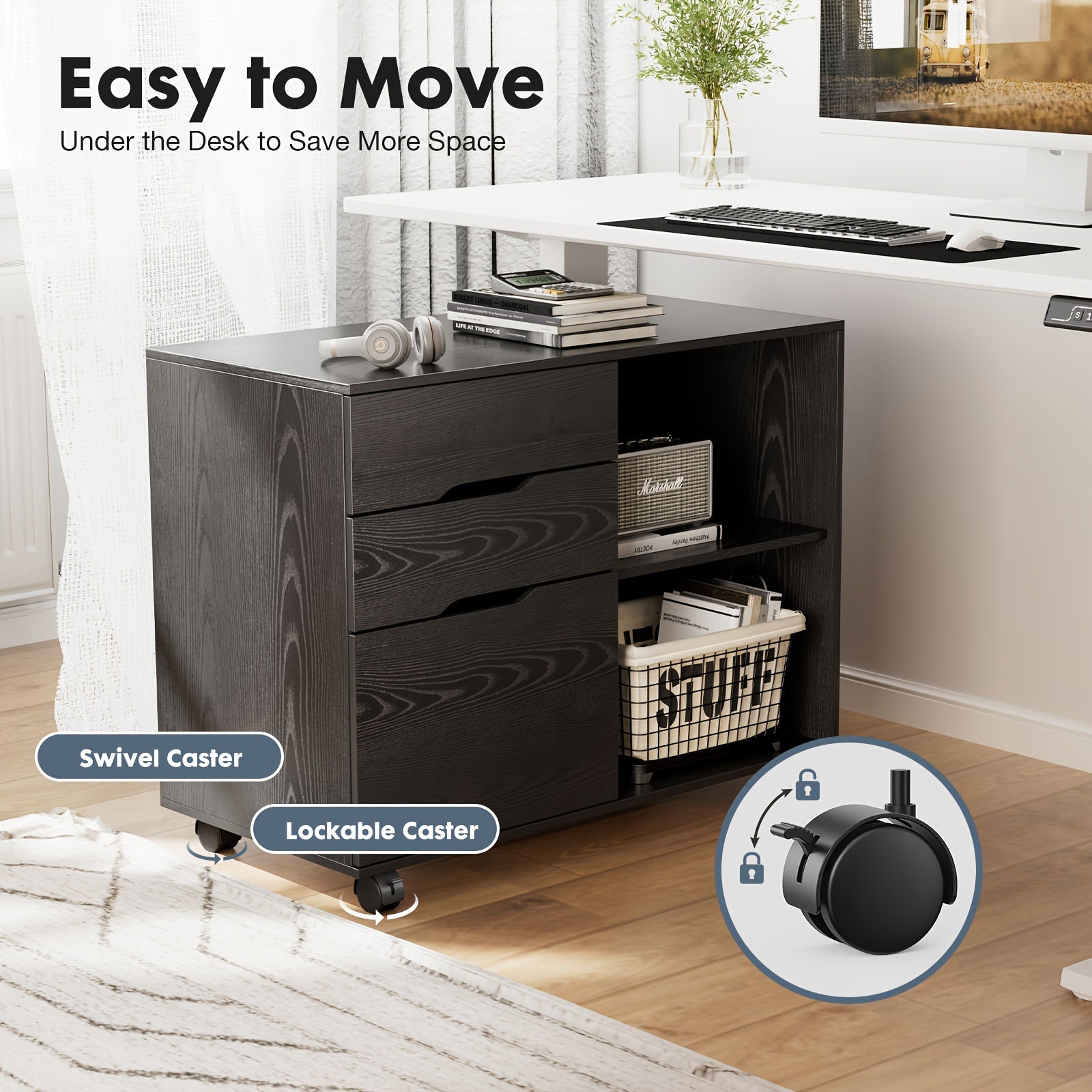 [Small Space Lateral Storage Shelves] 3 Drawer File Cabinet Mobile Lateral Printer Stand with Adjustable Storage Shelves for Home Office Small Space