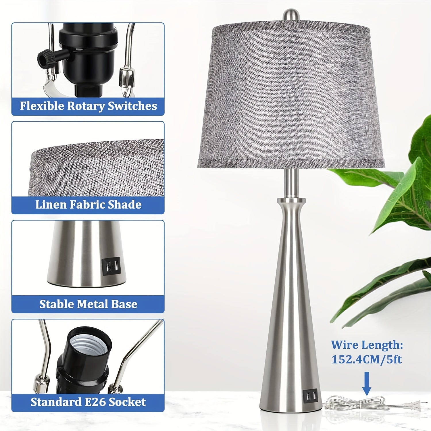 Set Of 2 Table Lamps With 2 USB Charging Ports