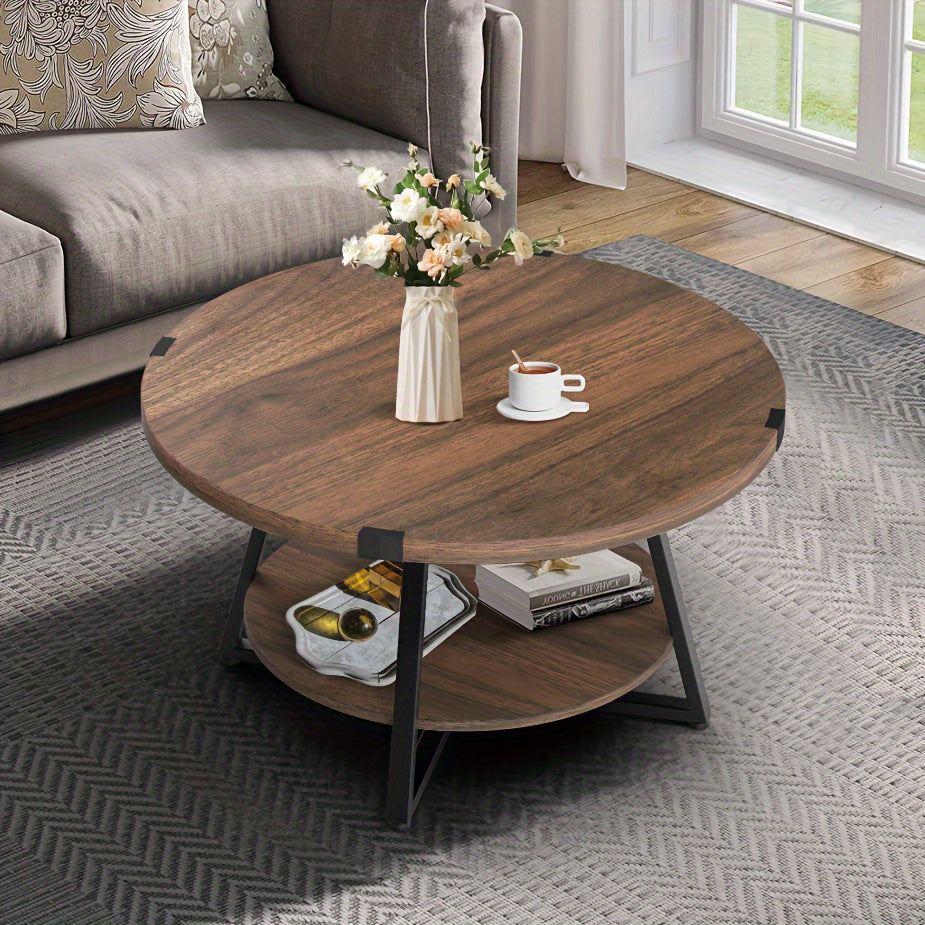 1pc Round Coffee Table With 2-Tier Storage Shelves