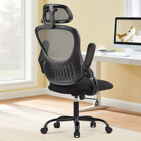 OLIXIS Ergonomic Office Desk Computer Chair, High Back Comfy Swivel Home Gaming Mesh Chairs with Wheels, Adjustable Headrest, Comfortable Lumbar Support, Flip-up Arms, 144° Tilt for Study