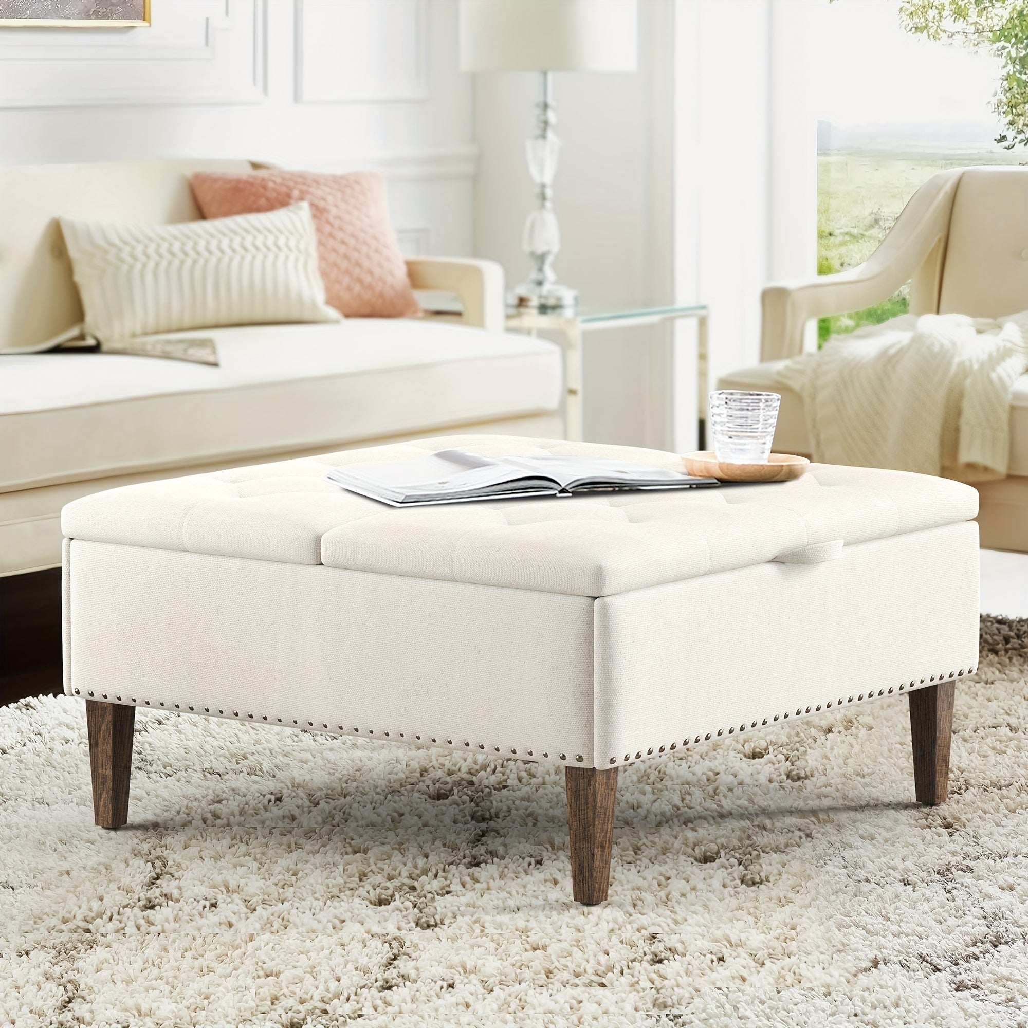 Spacious 36" Faux Leather Storage Ottoman Coffee Table