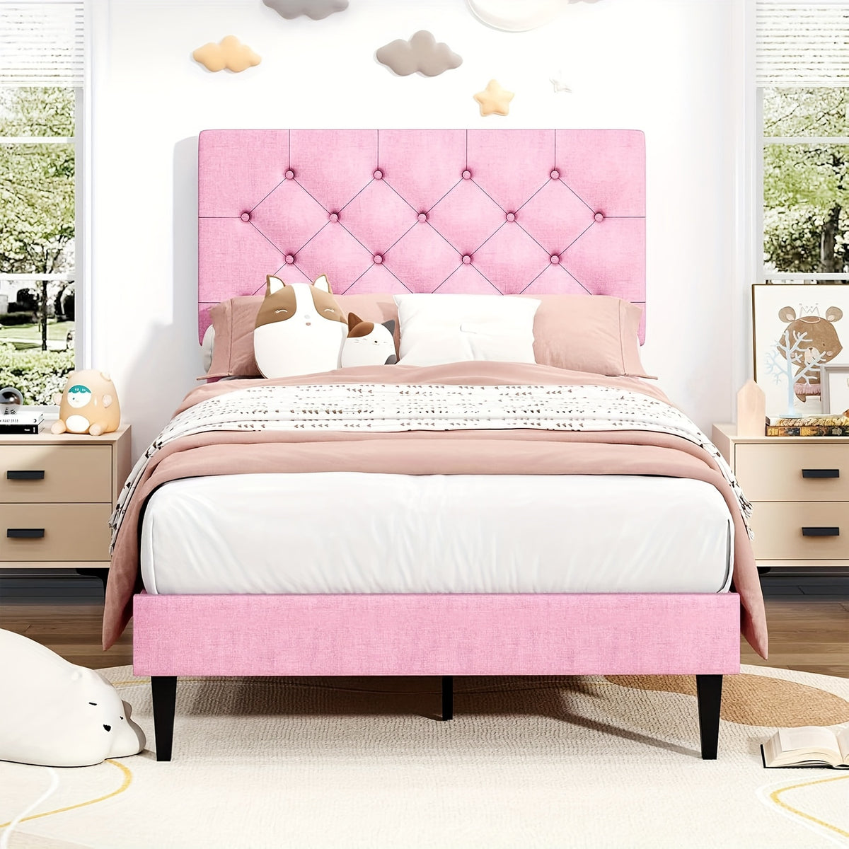 Elegant Grey Linen Upholstered Bed Frame with Tufted Headboard