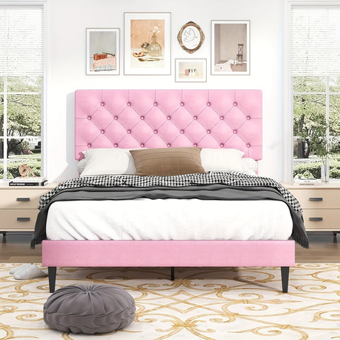 Elegant Grey Linen Upholstered Bed Frame with Tufted Headboard
