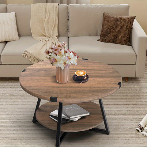 1pc Round Coffee Table With 2-Tier Storage Shelves