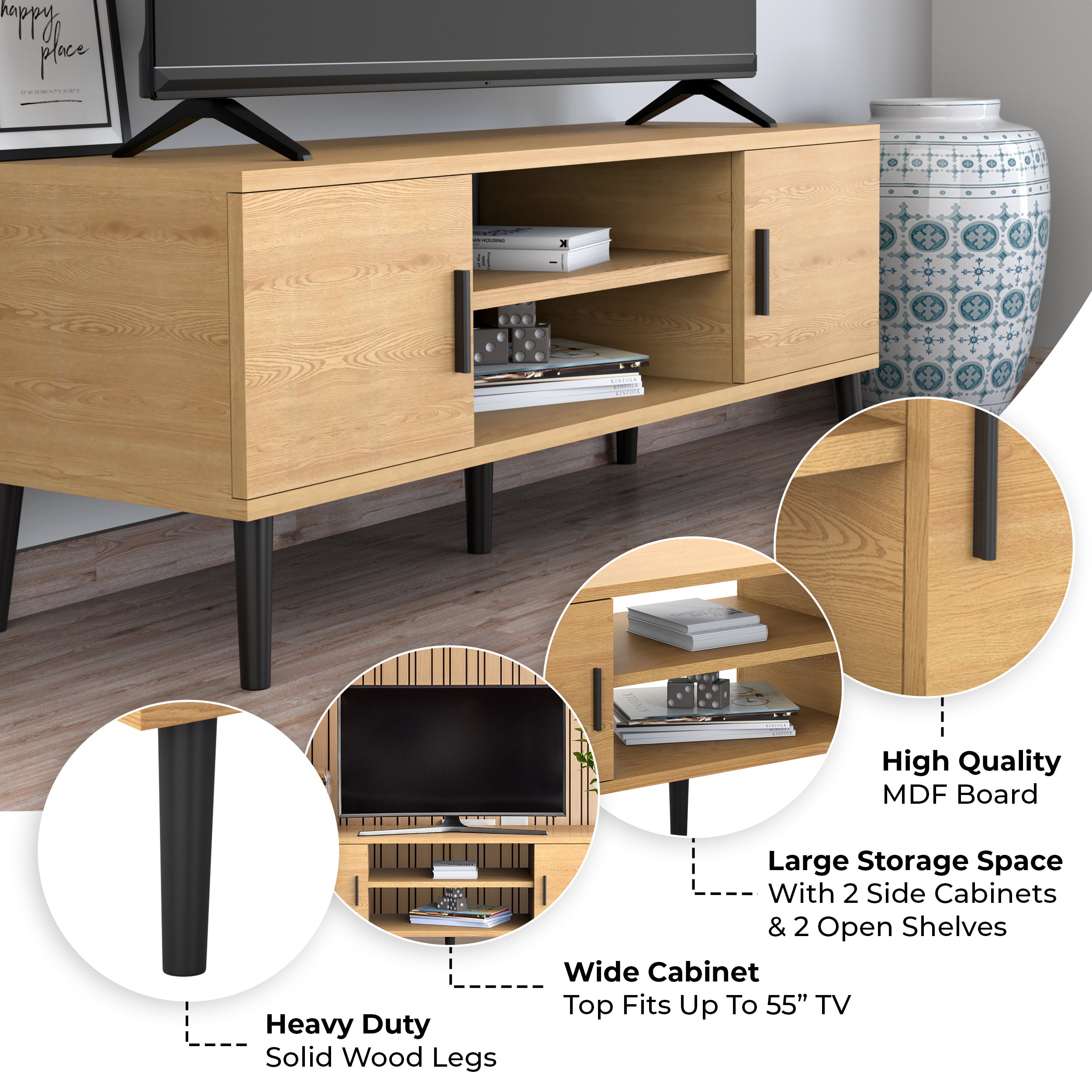 Mid-Century Modern 45" TV Stand with 2 Side Doors