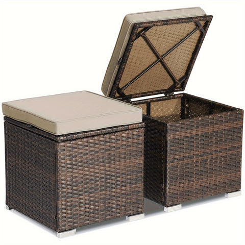 2PCS Patio Rattan Ottomans Seat Side Table Storage Box