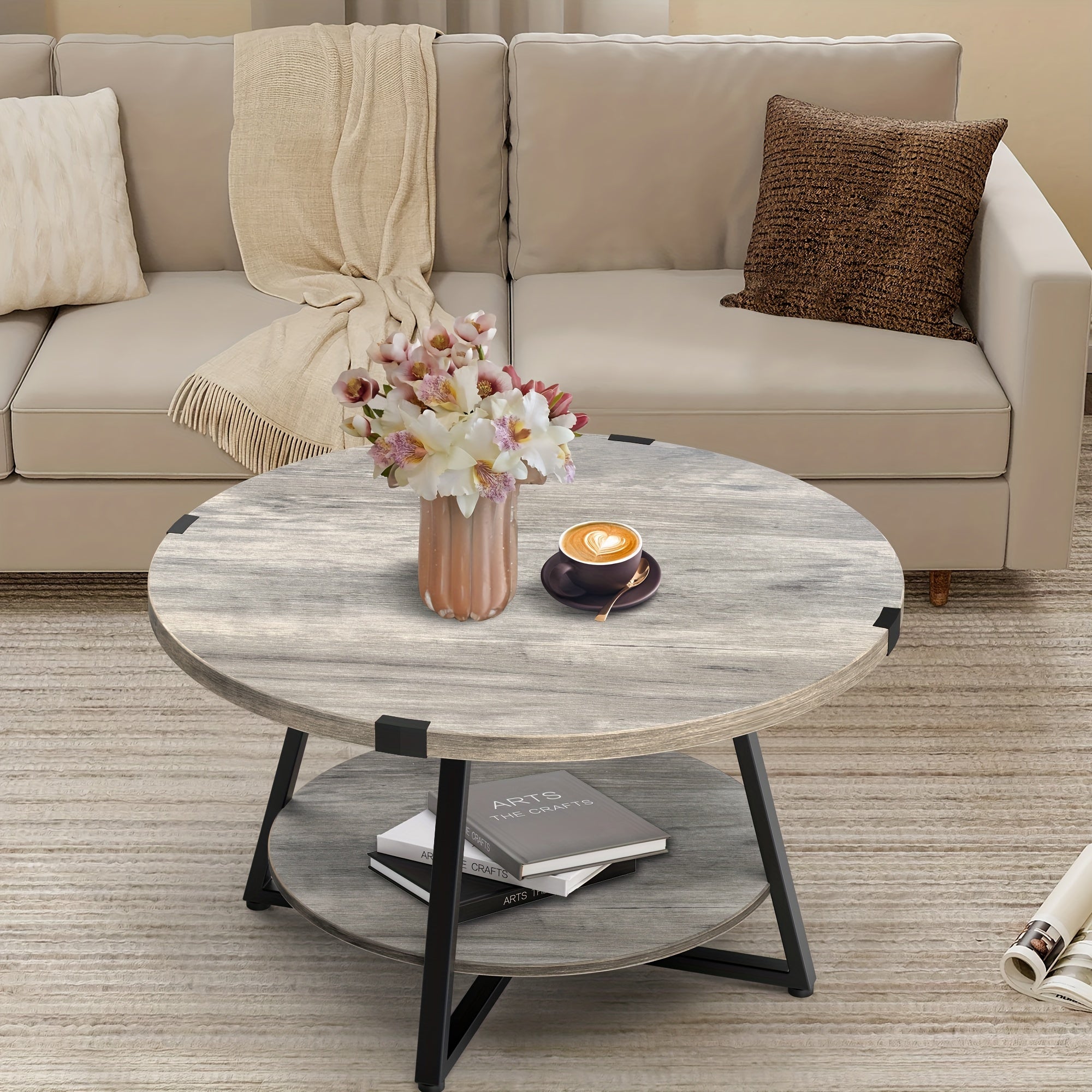 1pc Round Coffee Table With 2-Tier Storage Shelves