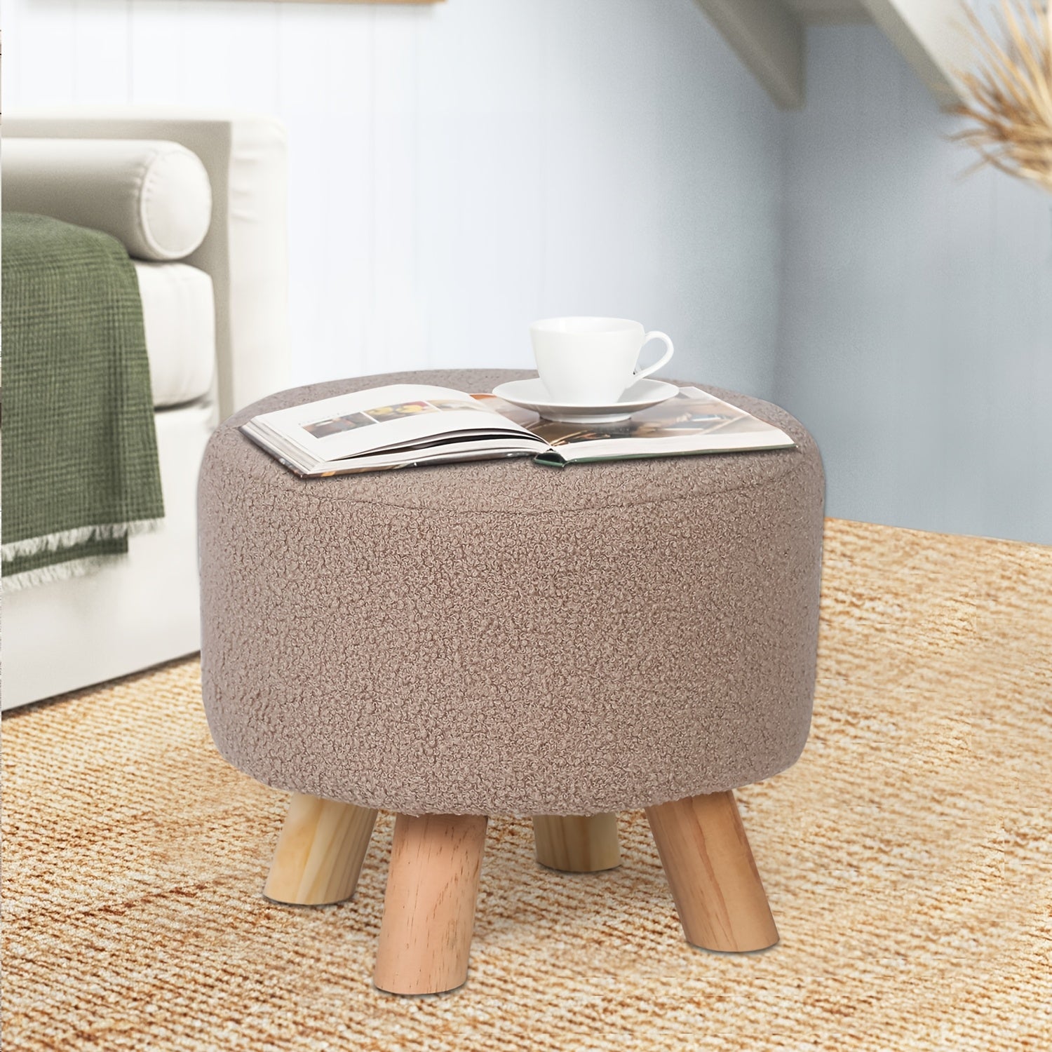 Modern Round Linen Ottoman Foot Rest Stool