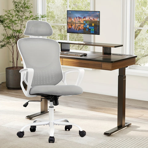 OLIXIS Ergonomic Office Desk Computer Chair, High Back Comfy Swivel Home Gaming Mesh Chairs with Wheels, Adjustable Headrest, Comfortable Lumbar Support, Flip-up Arms, 144° Tilt for Study