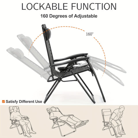 Portable Zero Gravity Outdoor Folding Lounge Chair Set Of 2 With Cup Holder Trays And Adjustable Pillow