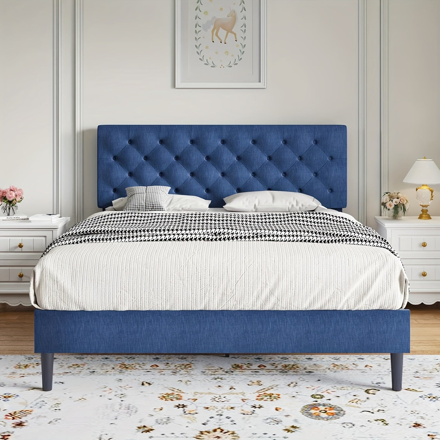 Elegant Grey Linen Upholstered Bed Frame with Tufted Headboard