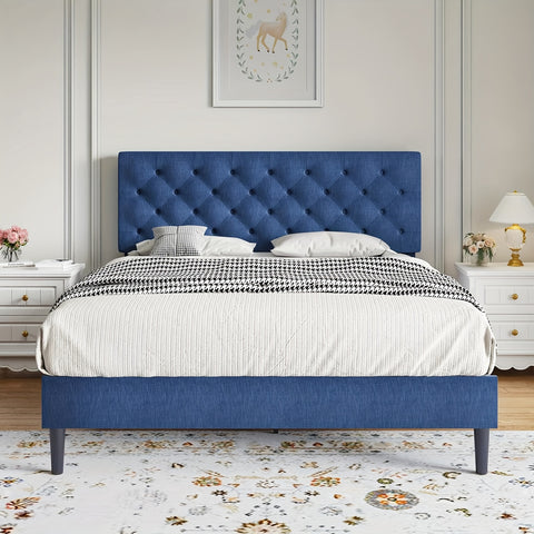 Elegant Grey Linen Upholstered Bed Frame with Tufted Headboard